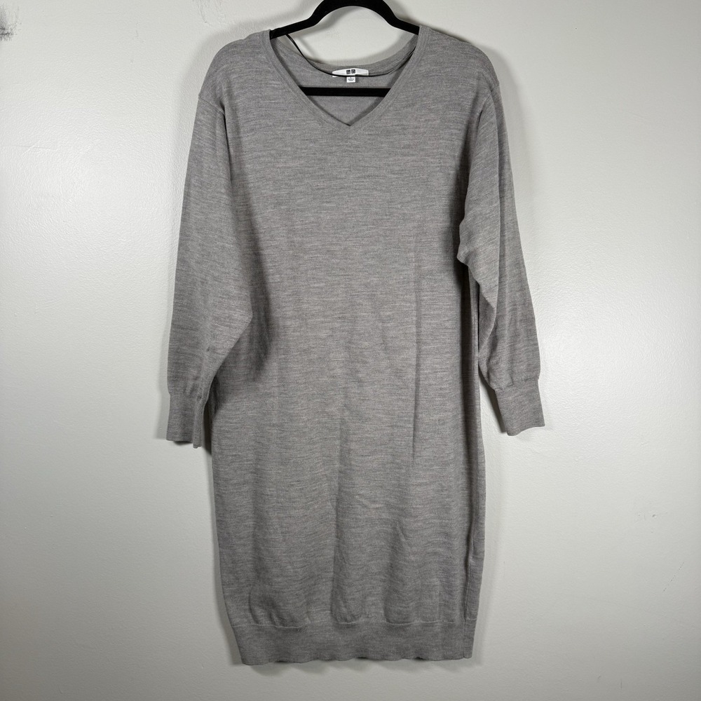 Uniqlo sweater dress womens large wool v neck gray pullover‎